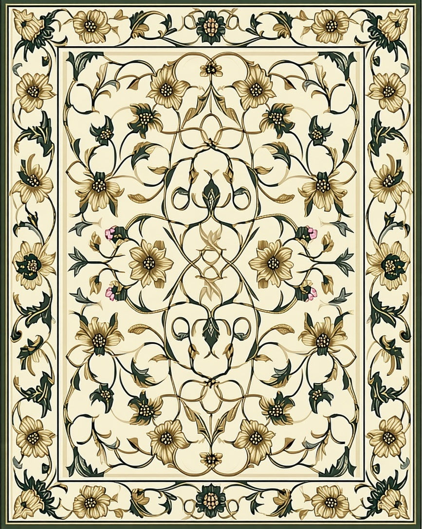 Ornate Floral Vine Motif Cream Rug