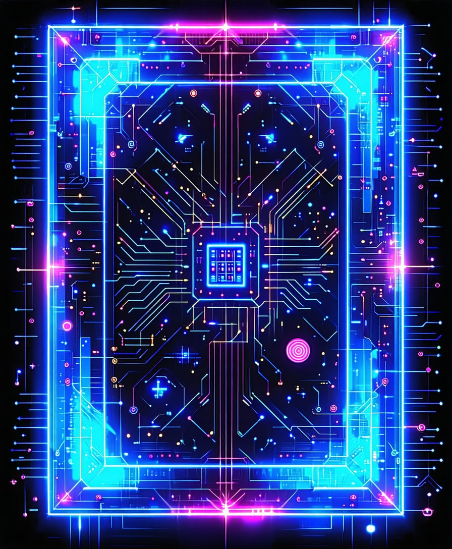 Futuristic Circuit Board Neon Design Rug
