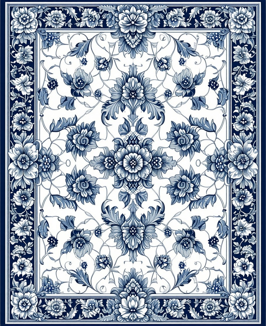 Blue Floral Detailed Traditional Rug