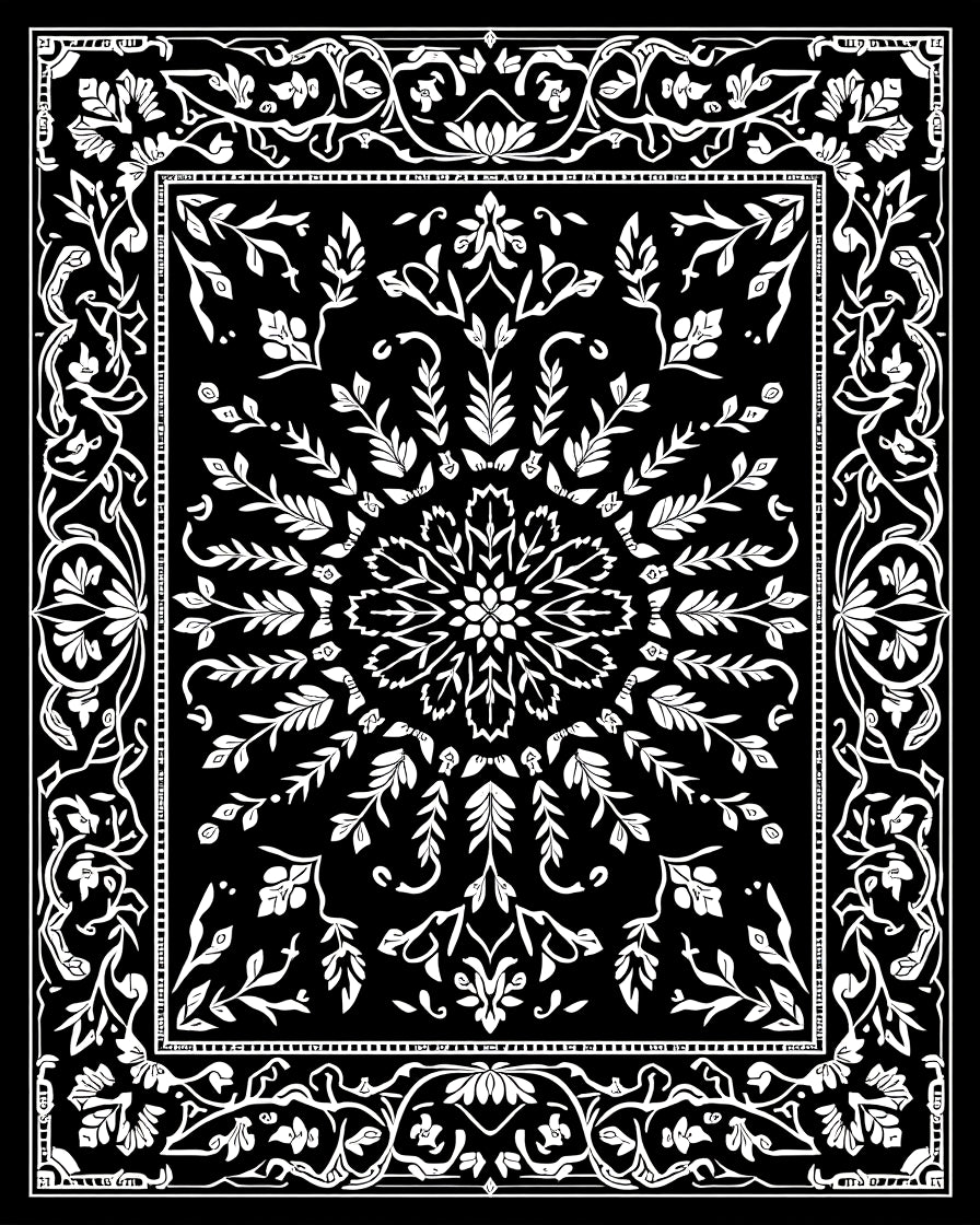 Elegant Black White Floral Medallion Rug