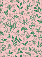 Pink Green Botanical Sketch Pattern Rug