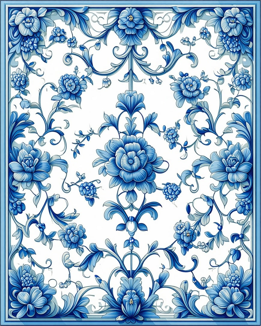 Blue Floral Porcelain Style Pattern Rug
