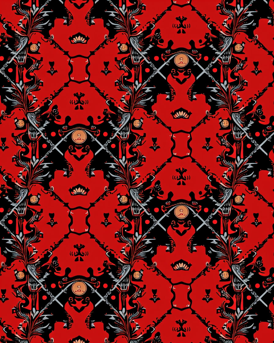 Intricate Red Black Floral Pattern Rug
