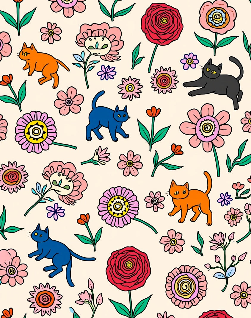 Whimsical Floral Cat Pattern Design Rug