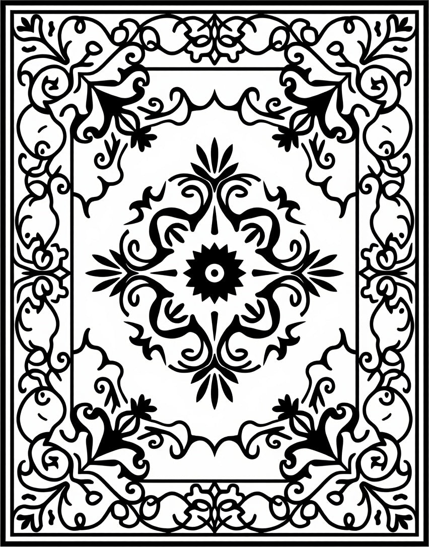 Ornate Floral Scrollwork Black White Rug