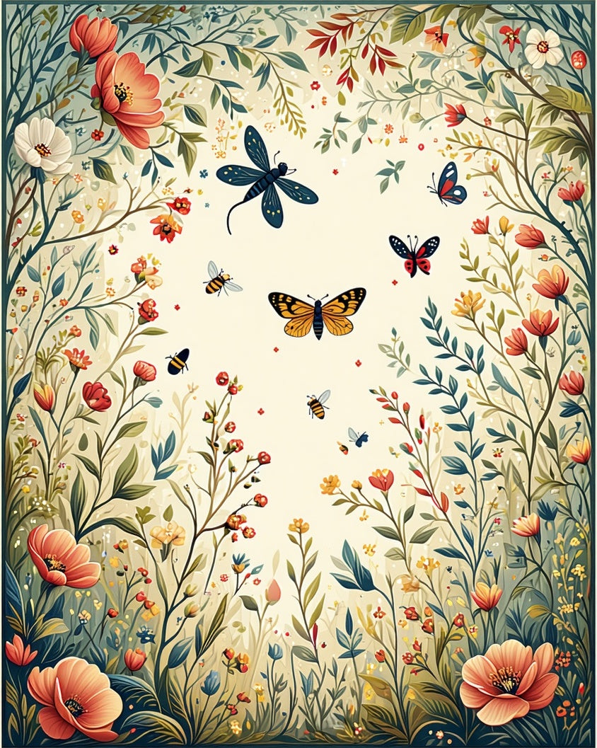 Whimsical Garden Insects Floral Pattern Rug