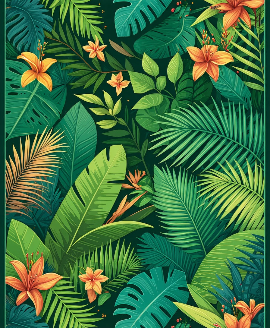 Lush Tropical Foliage Orange Flower Design Rug