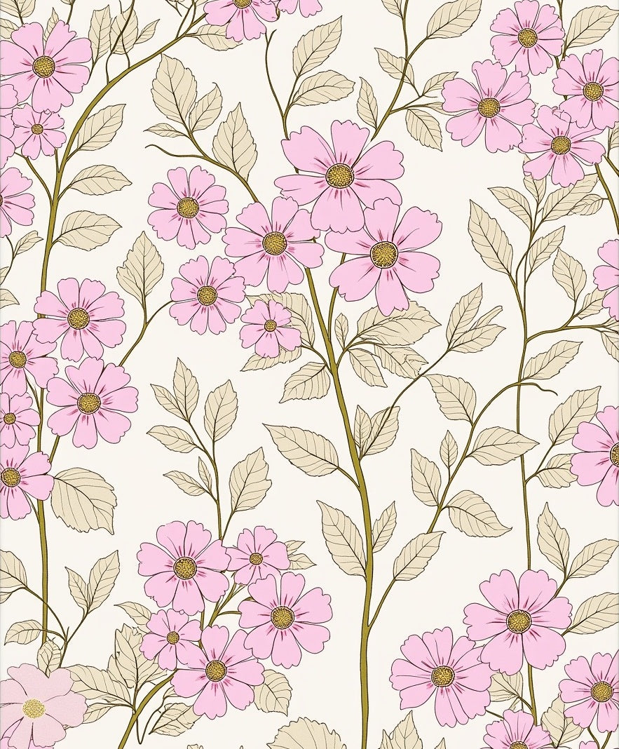 Delicate Pink Floral Pattern with Leaves Rug