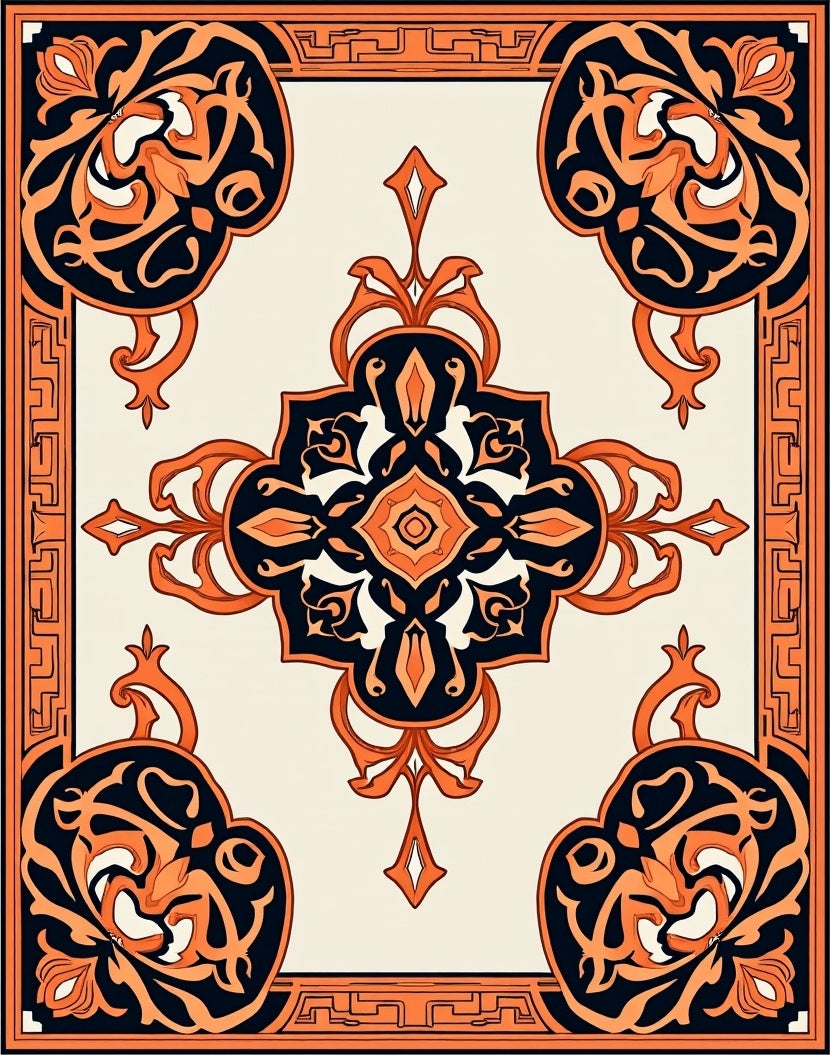 Intricate Orange Black Floral Medallion Rug