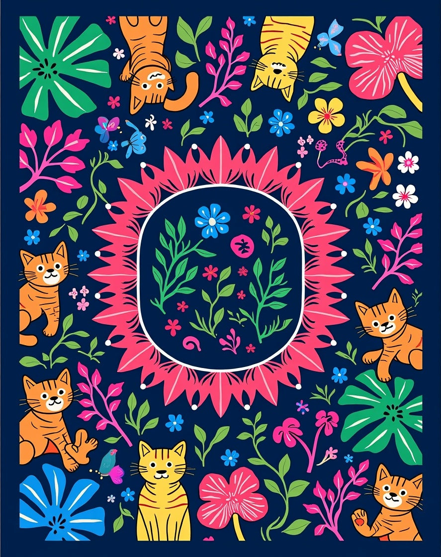 Playful Cats Tropical Flora Art Rug