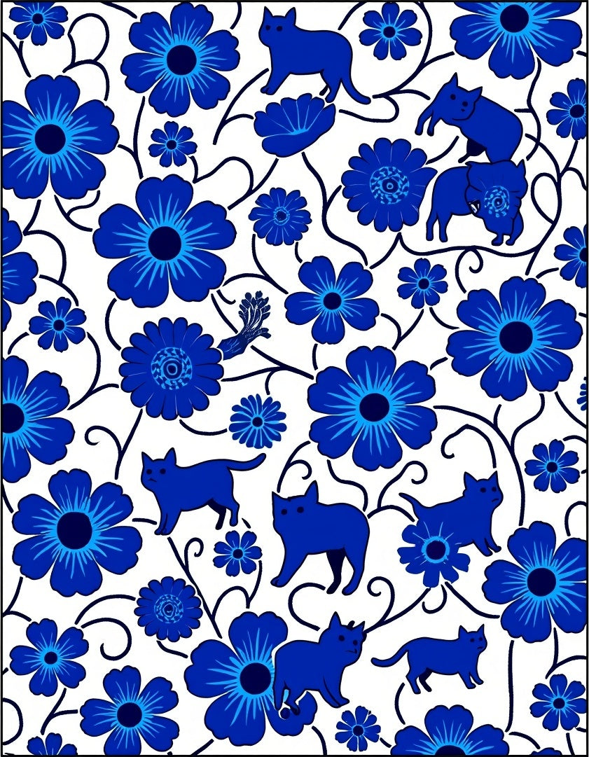 Blue Floral And Cat Silhouette Pattern Rug