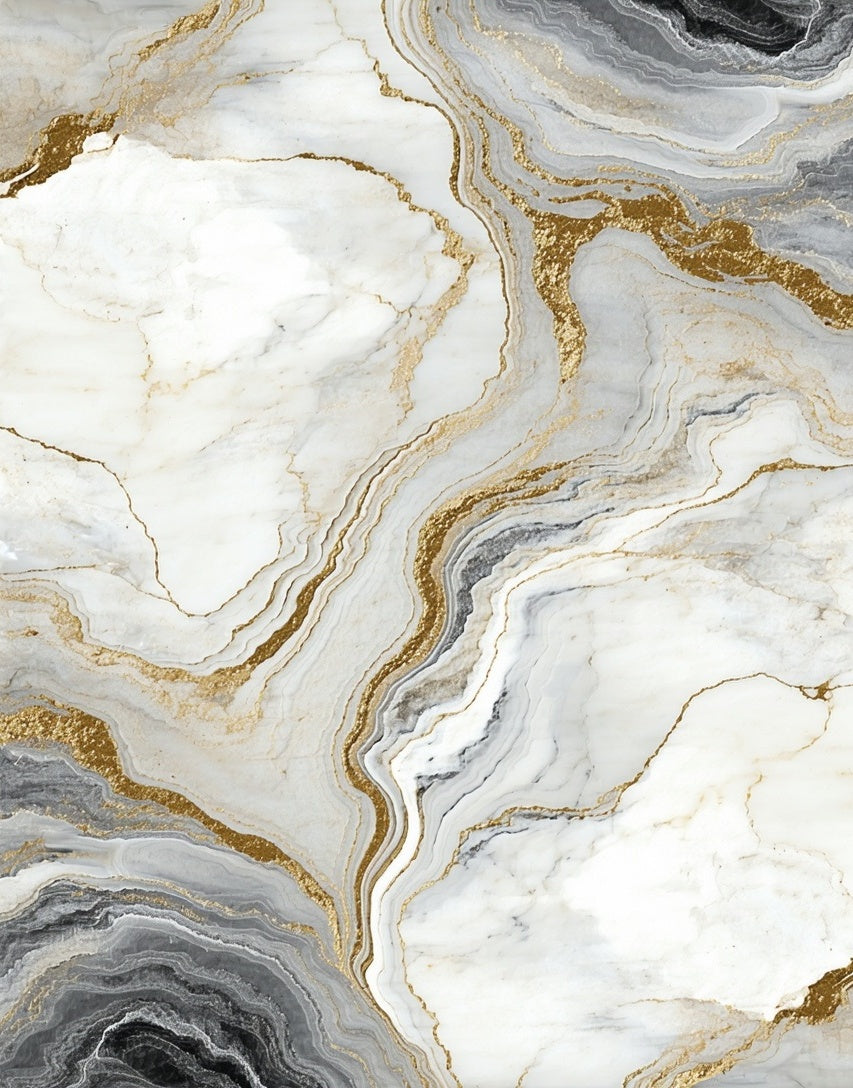 Elegant White Black Gold Veined Stone Rug