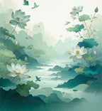 Misty Mountain Lotus Bird Scenic Rug