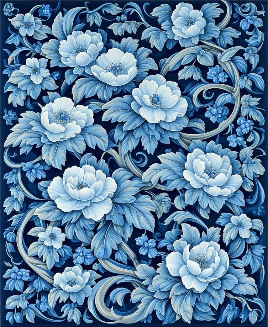 Rich Blue Floral Scrollwork Pattern Rug