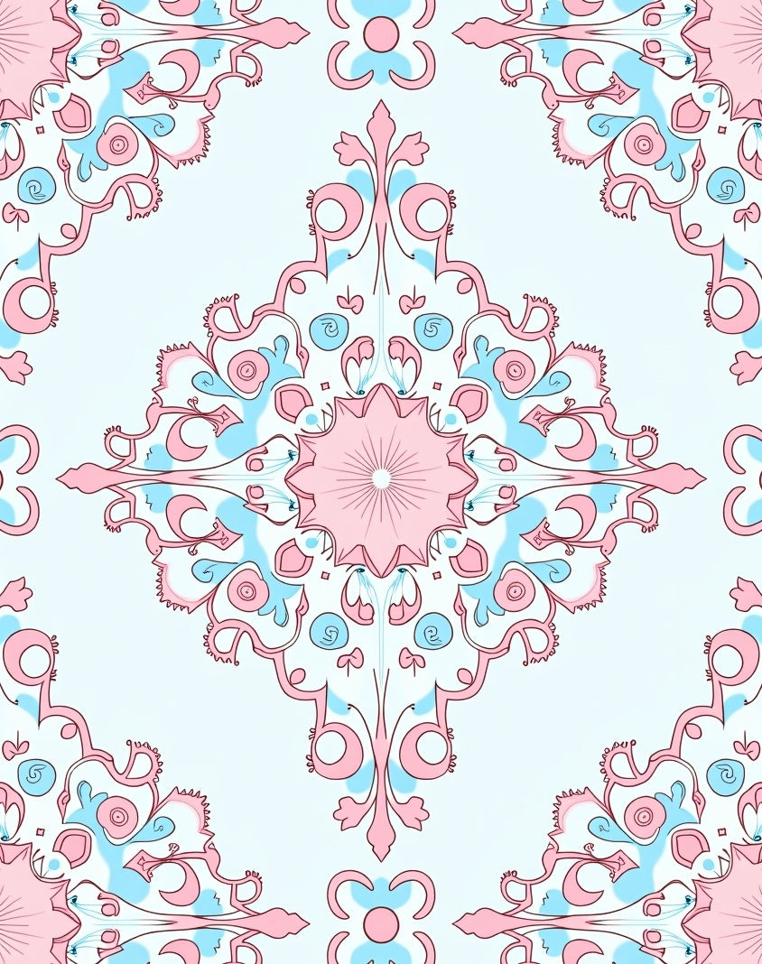 Pink Blue Abstract Floral Medallion Design Rug