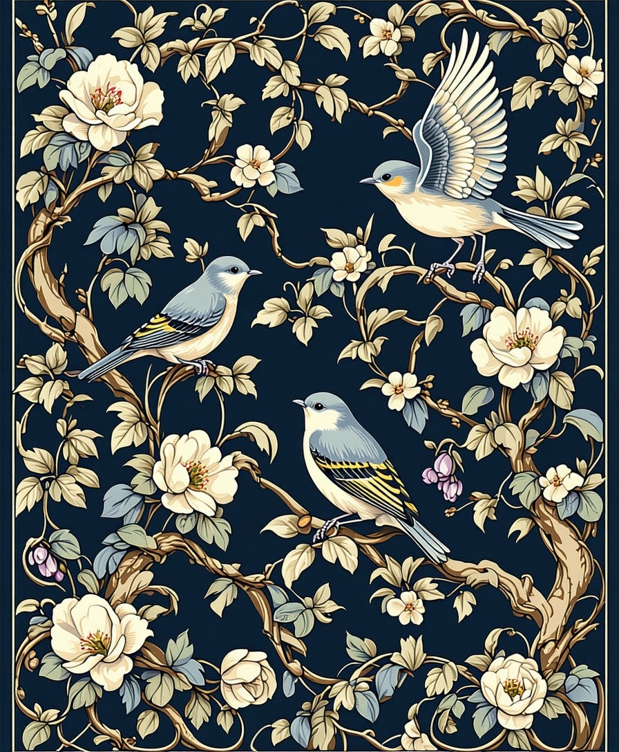 Birds and Blossoms Dark Floral Pattern Rug