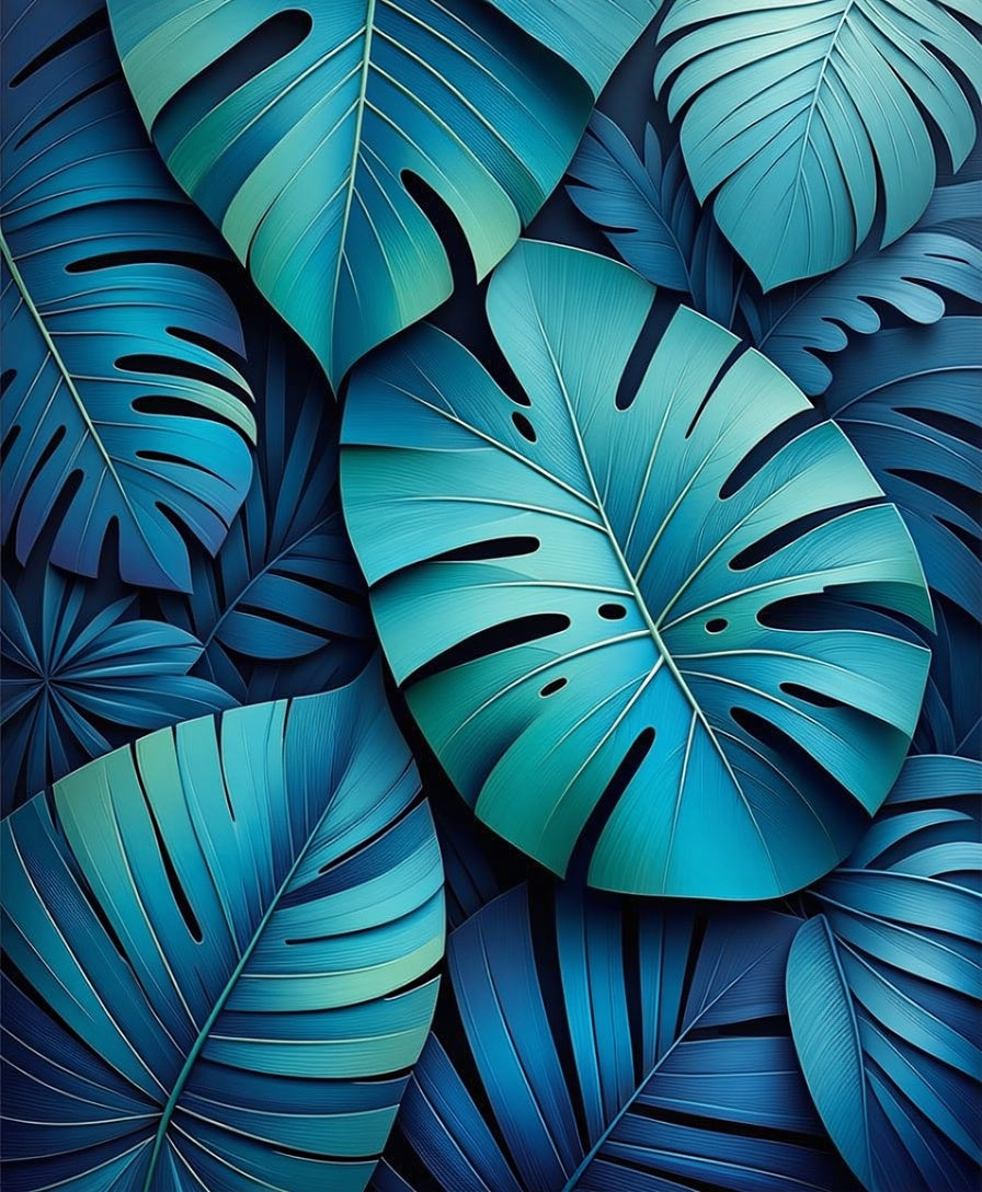 Deep Blue Tropical Leaf Pattern Rug