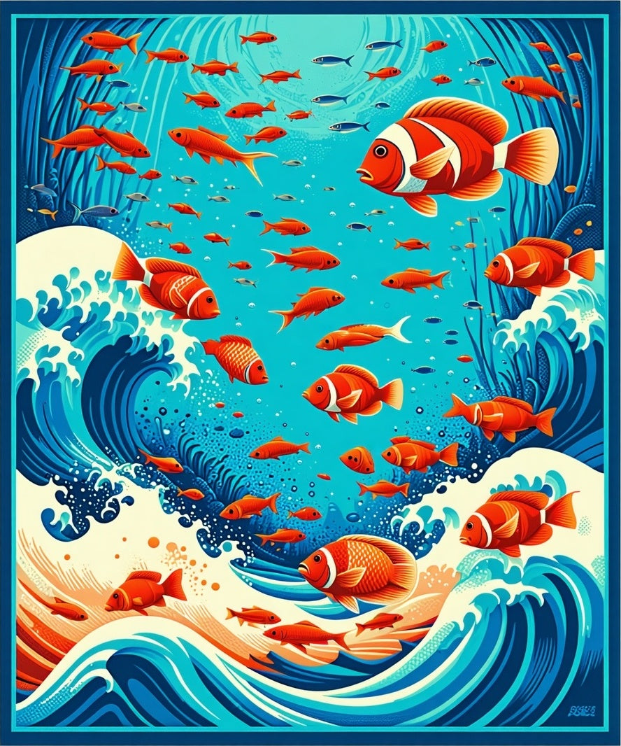 Vibrant Coral Fish Ocean Waves Design Rug