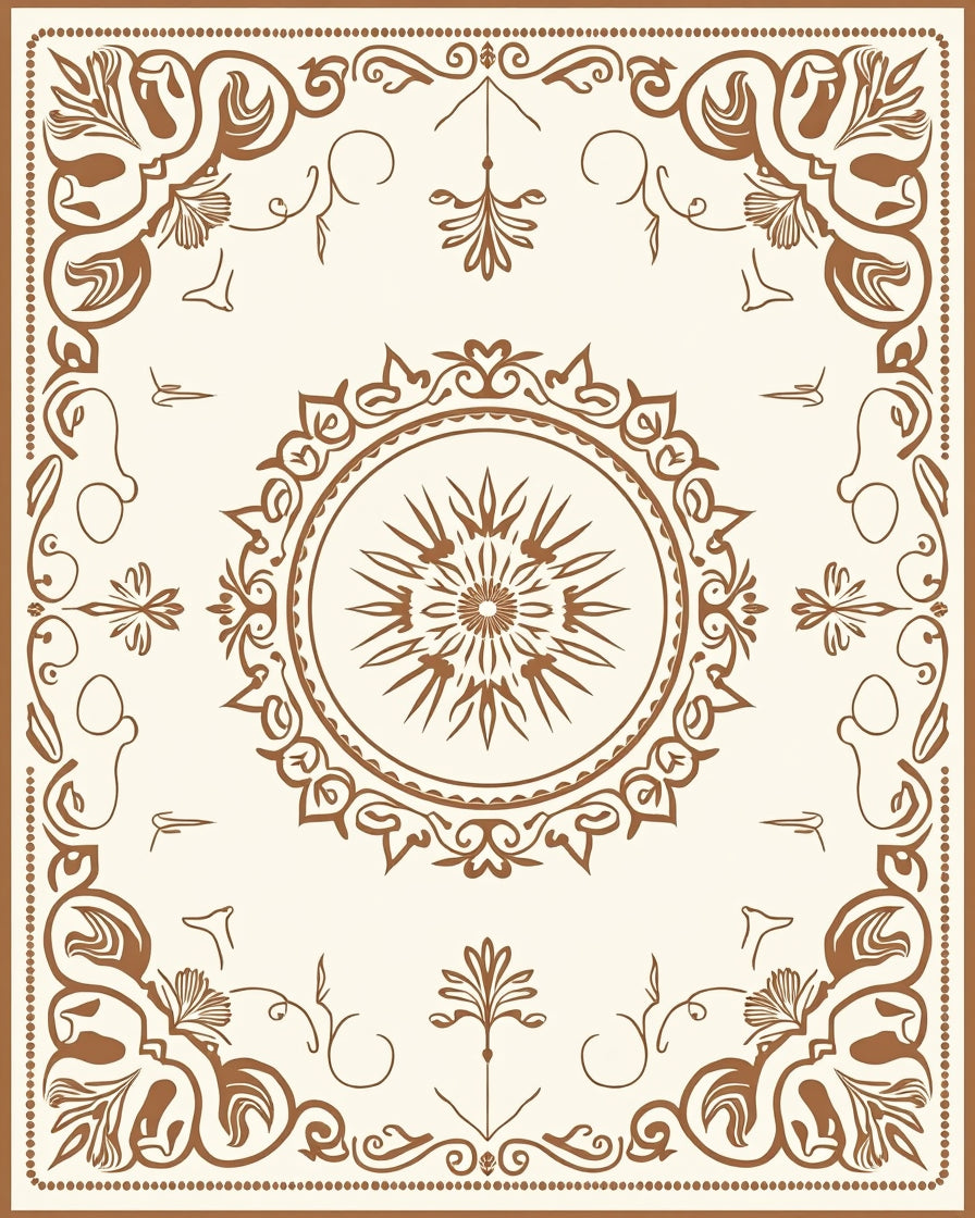 Brown Floral Scrollwork Mandala Design Rug