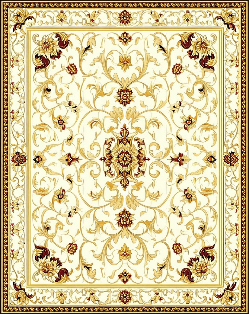 Ornate Floral Scrollwork Cream Gold Rug