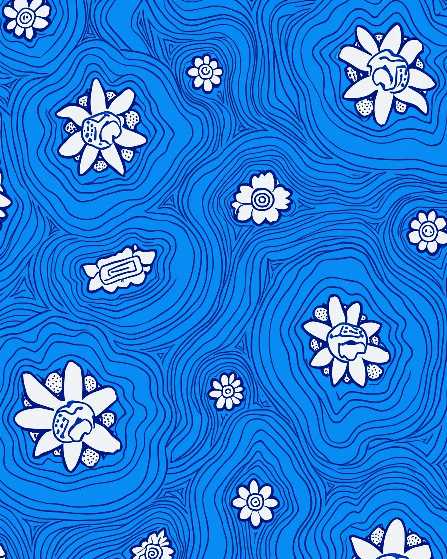Whimsical White Flowers On Blue Swirls Rug