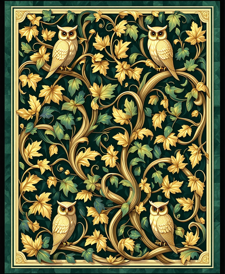 Golden Owl With Leafy Vine Pattern Rug