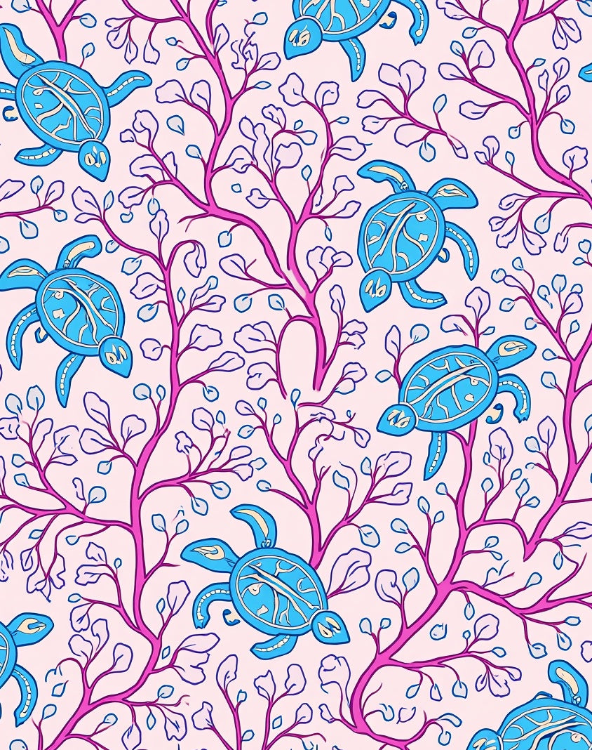 Whimsical Blue Turtles Pink Coral Pattern Rug