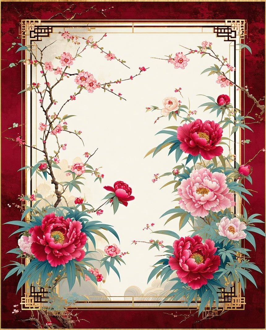 Crimson Peony Blossom Branch Design Rug