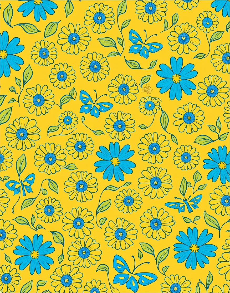 Yellow Blue Flower Butterfly Pattern Rug