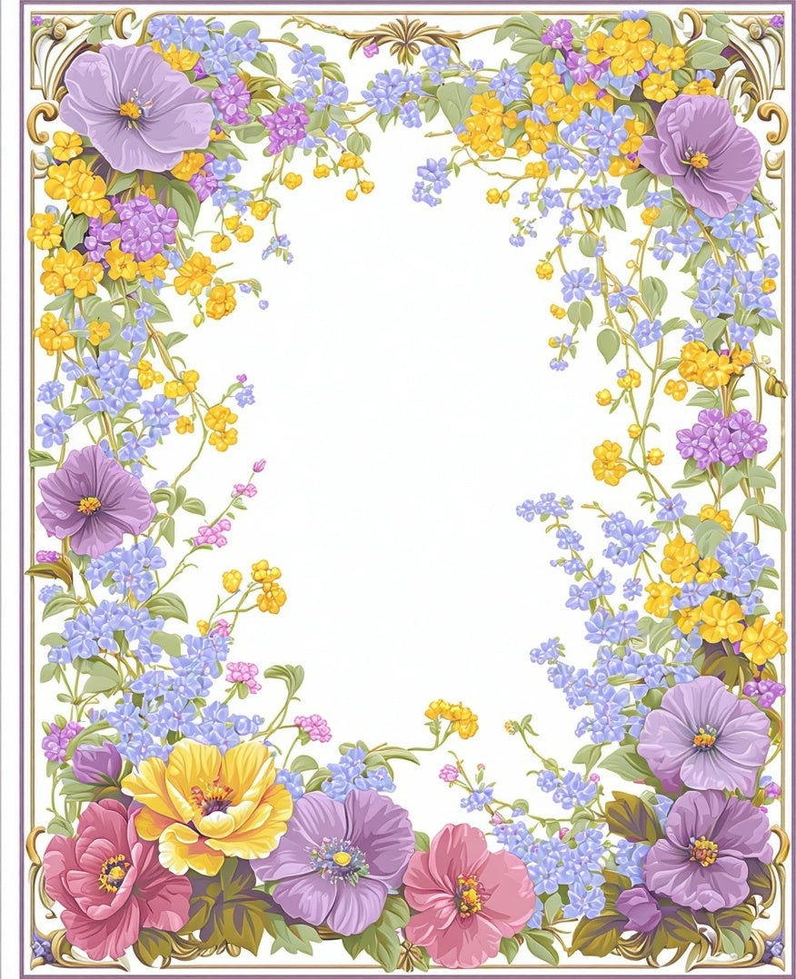 Whimsical Floral Frame with Lavender Gold Accents Rug