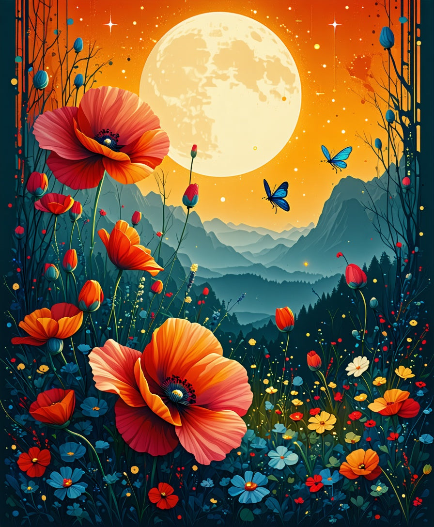 Vibrant Poppy Field Under Amber Moon Rug