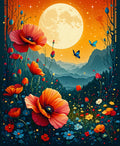 Vibrant Poppy Field Under Amber Moon Rug