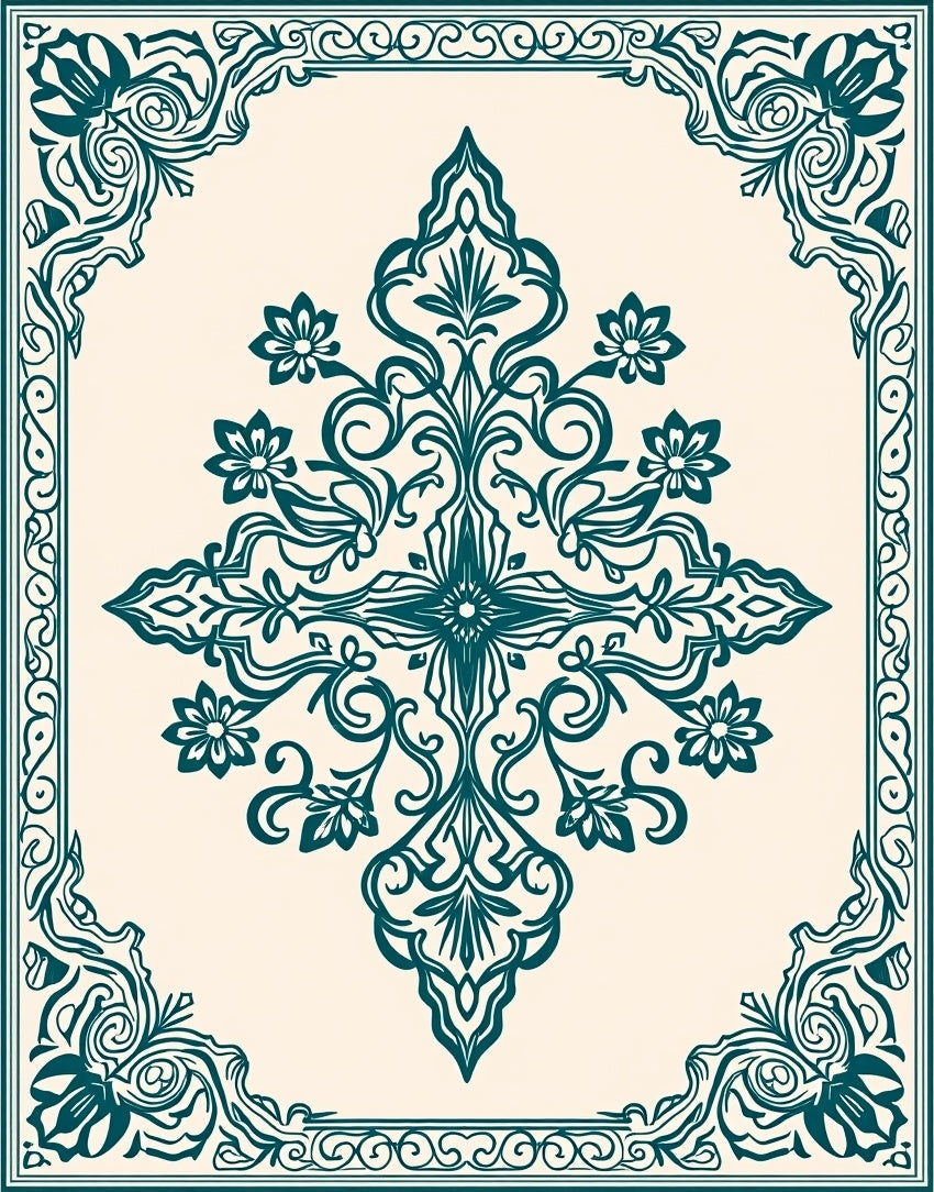 Teal Floral Crest Motif Design Rug