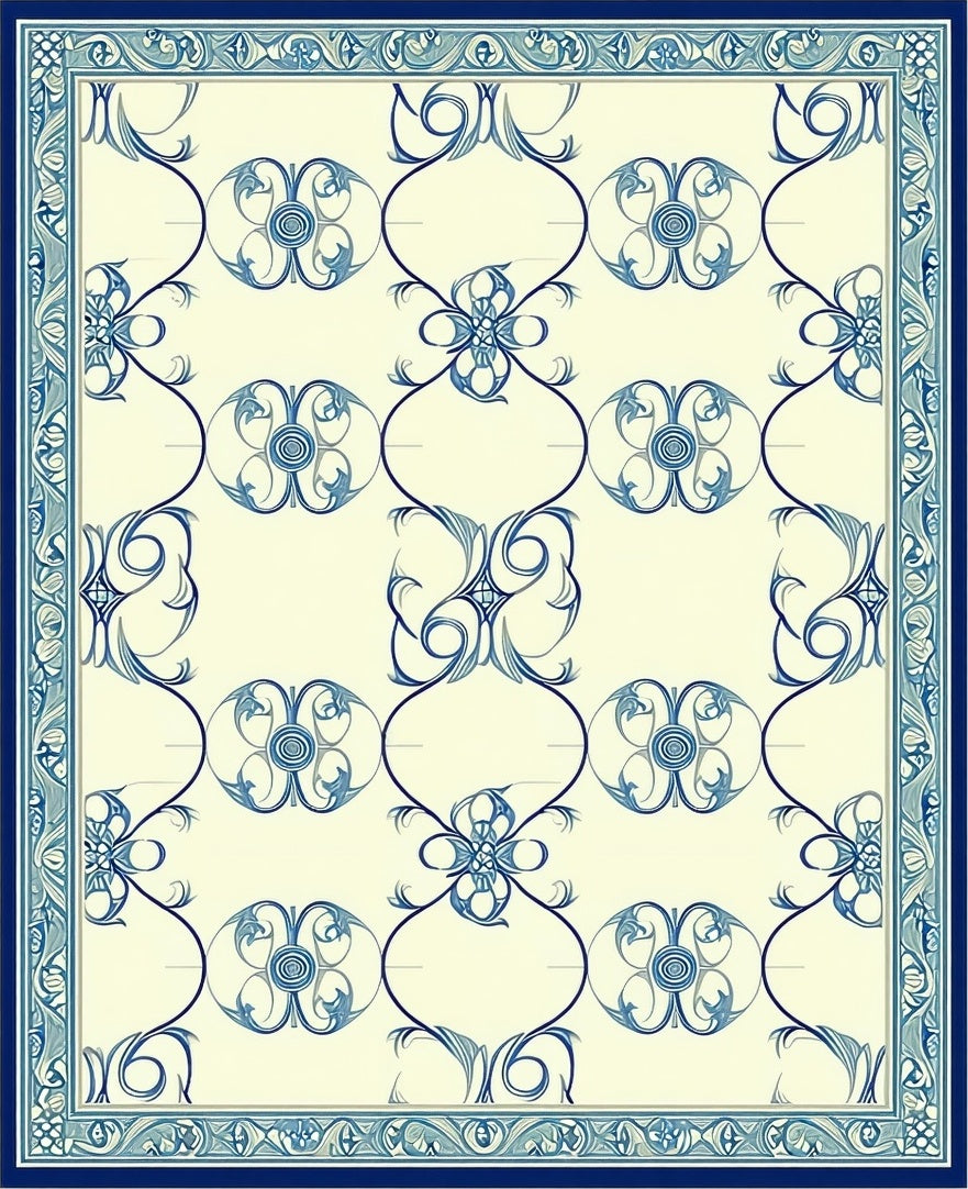 Ornate Blue Swirl Floral Patterned Rug