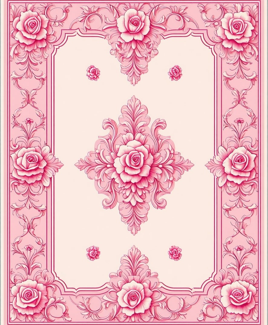 Ornate Pink Rose Floral Filigree Design Rug