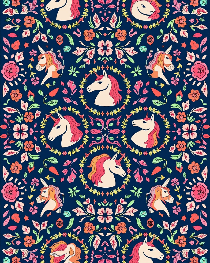 Whimsical Unicorn Floral Pattern Design Rug