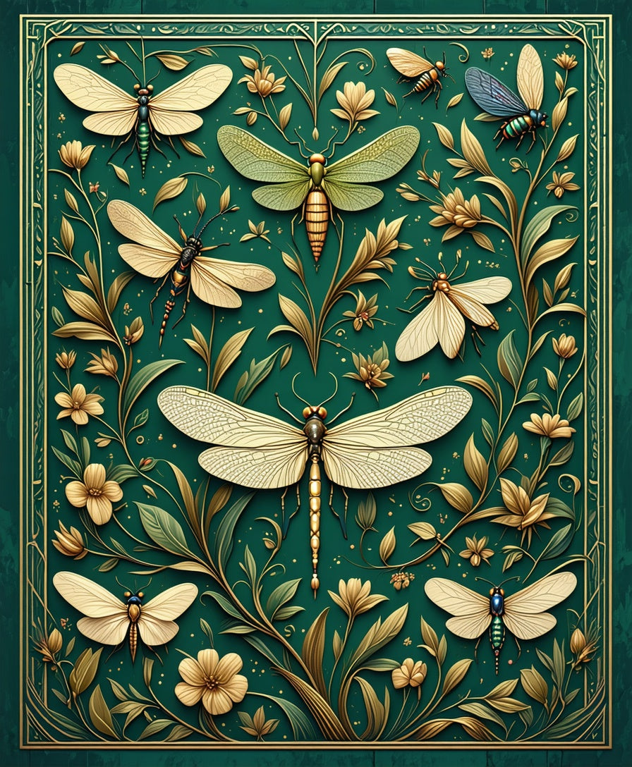 Emerald Dragonflies Floral Art Rug