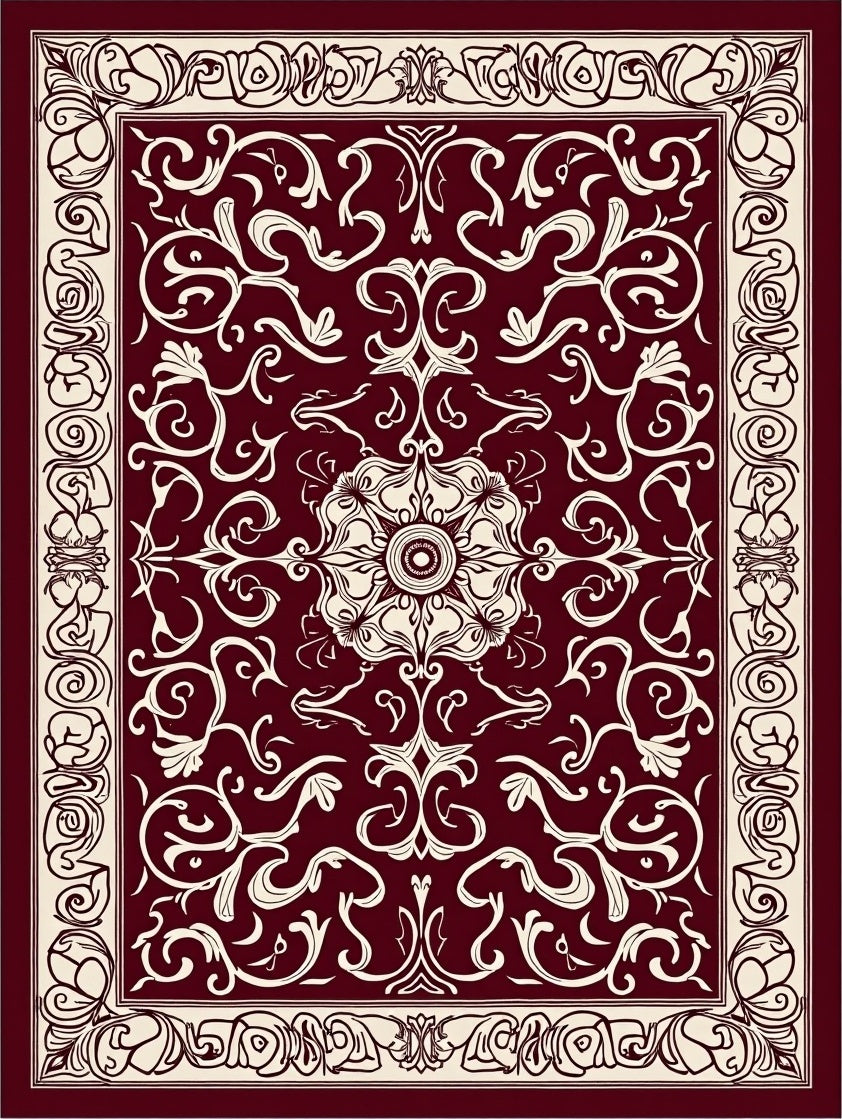 Ornate Floral Swirls and Border Design Rug