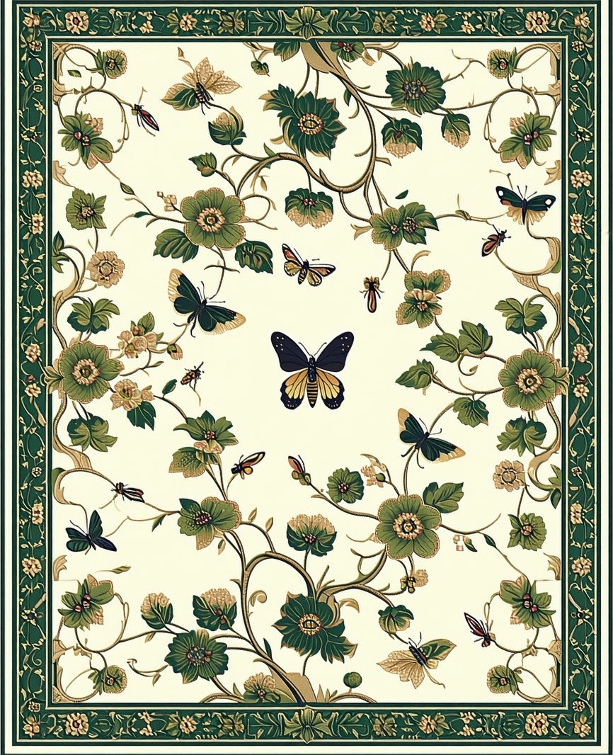 Green Floral Butterfly Garden Design Rug