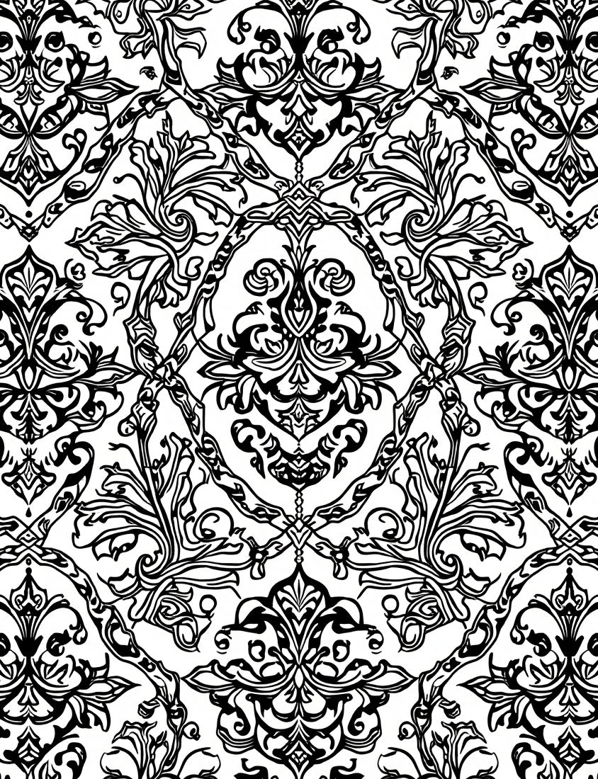 Black White Classic Floral Damask Rug