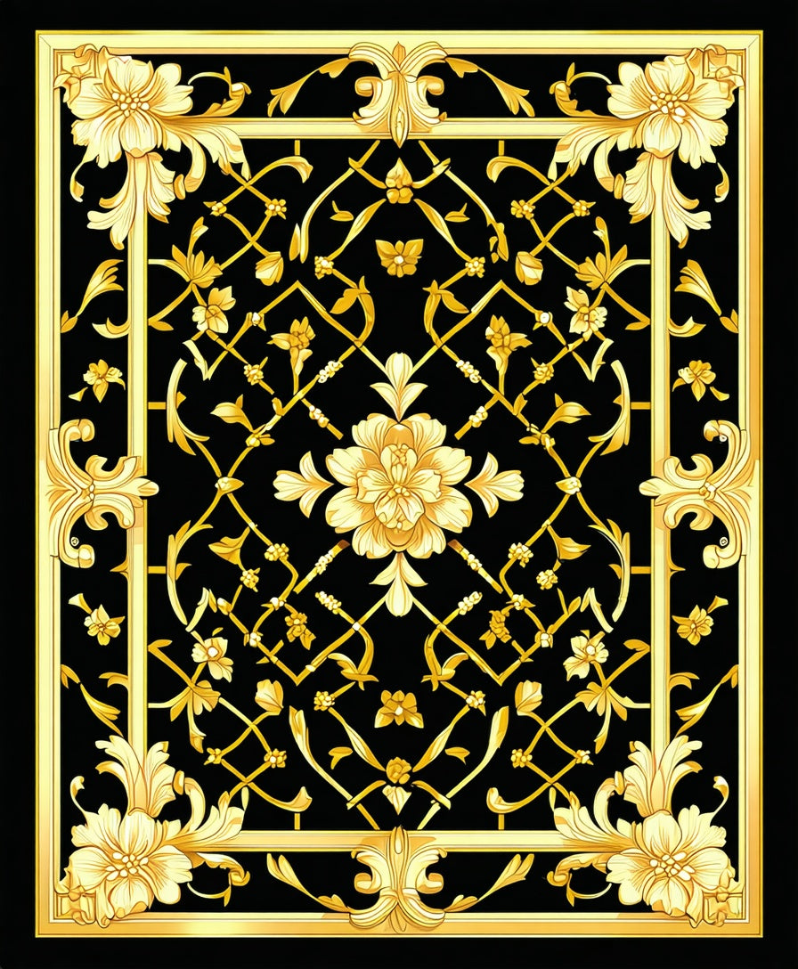 Elaborate Golden Floral Lattice Pattern Rug