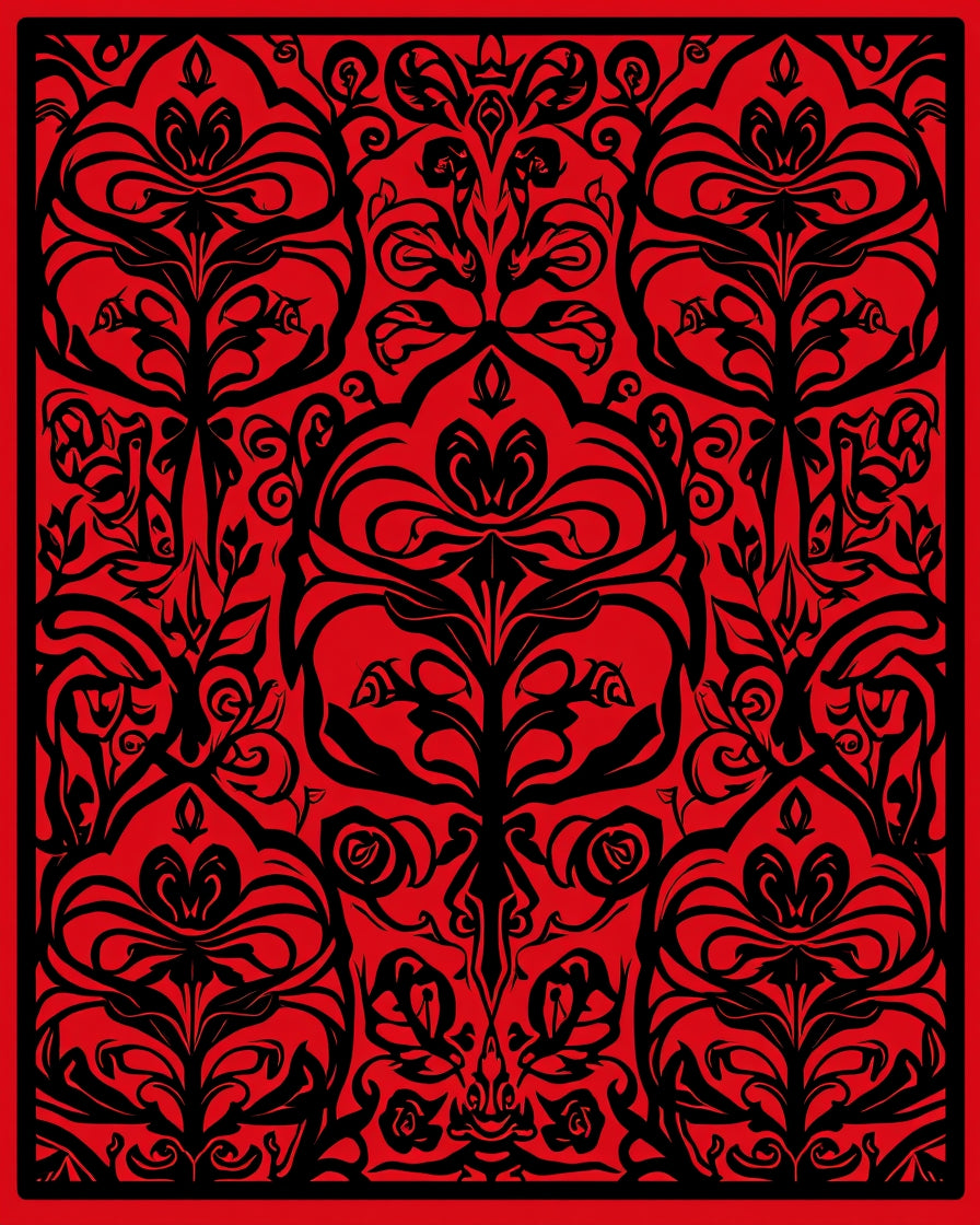 Ornate Black Floral Red Damask Pattern Rug