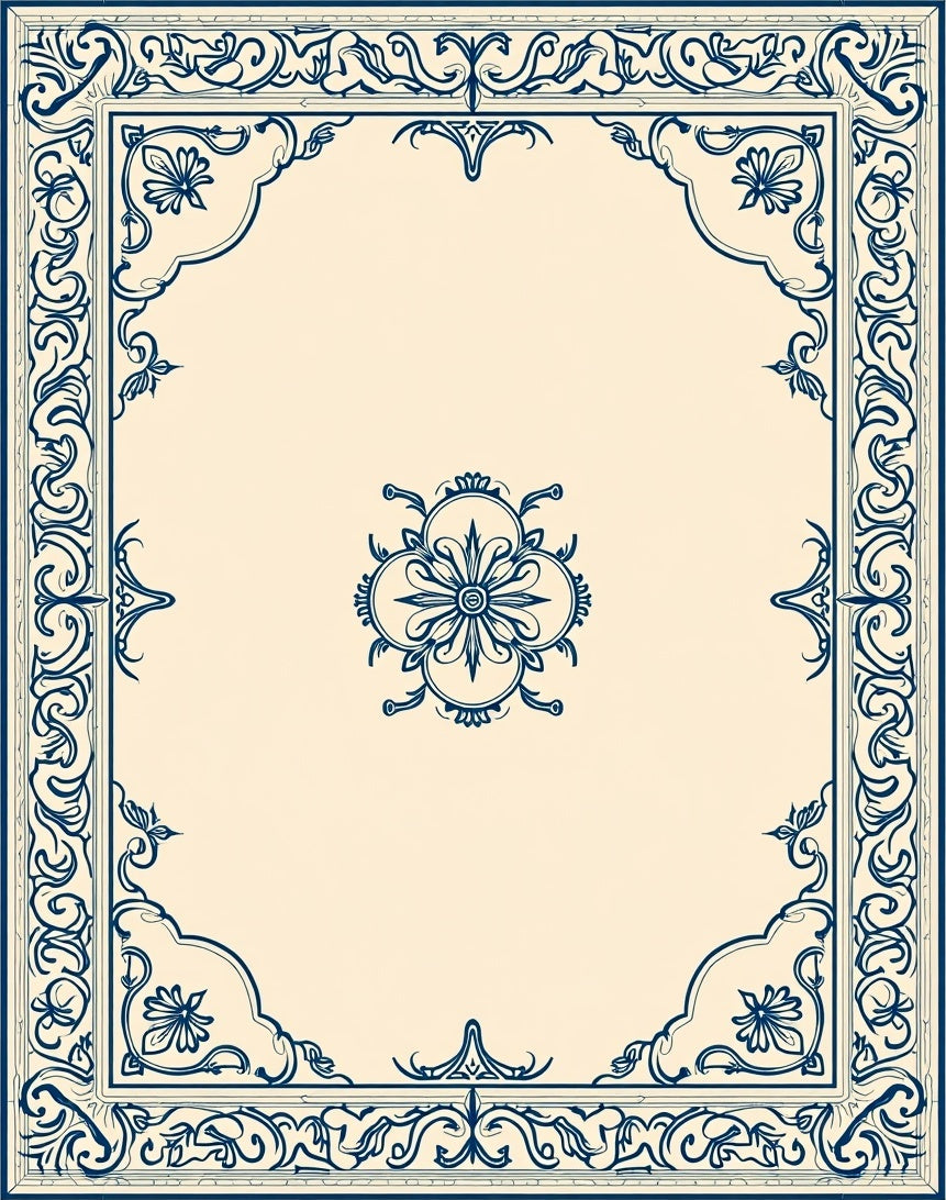 Ornate Floral Border Cream and Navy Rug