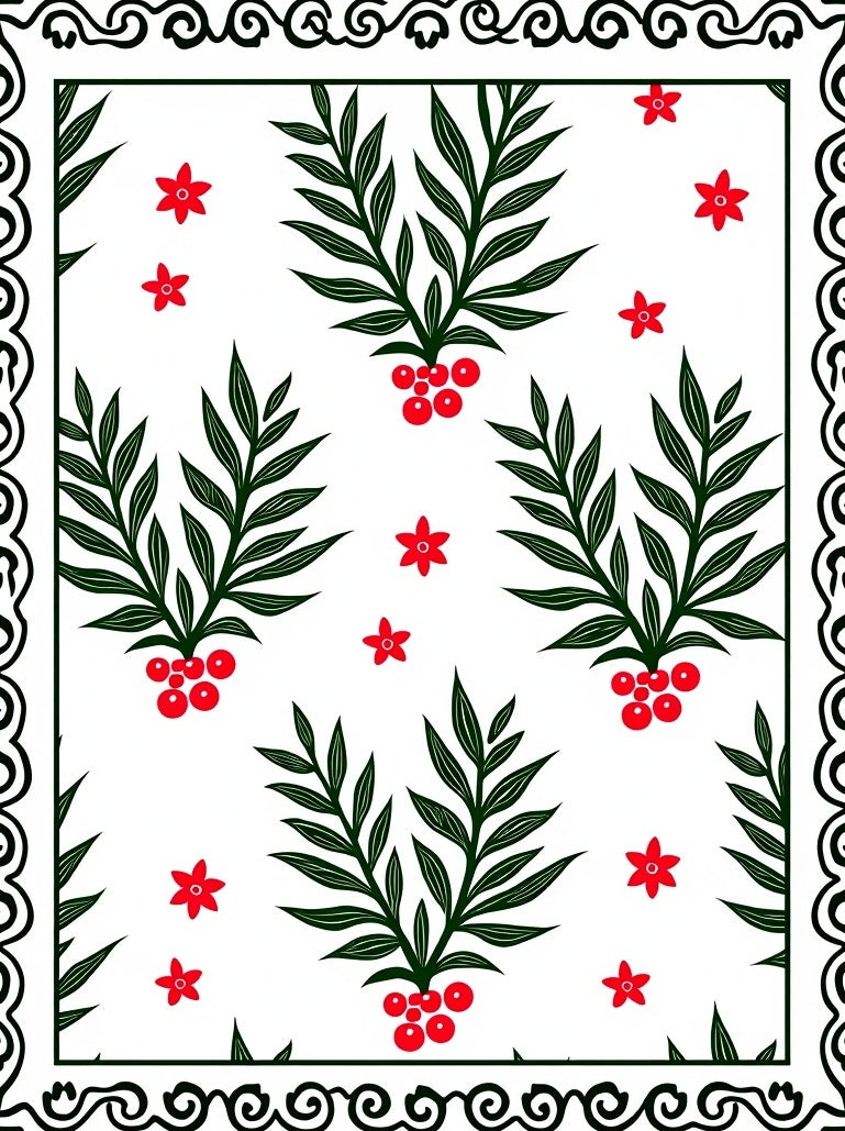 Classic Green Red Branch Floral Rug