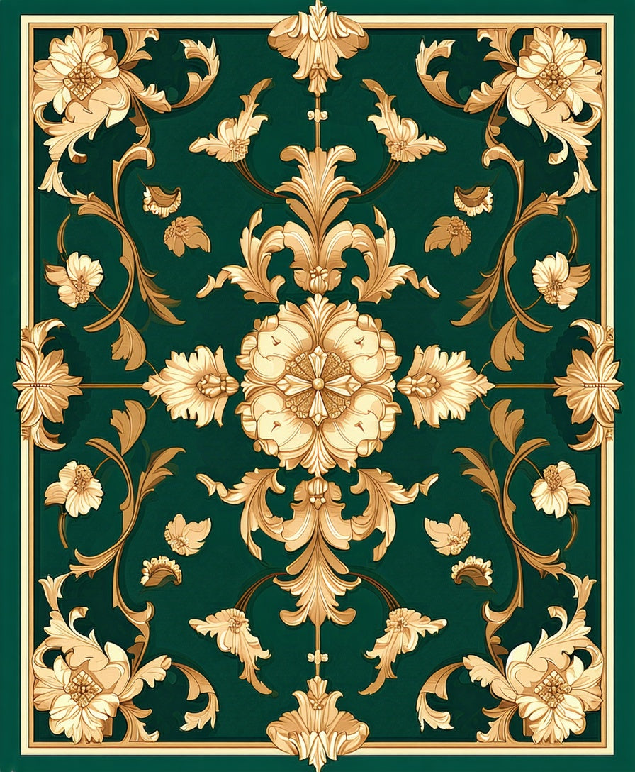 Elegant Gold Floral Emerald Tapestry Rug