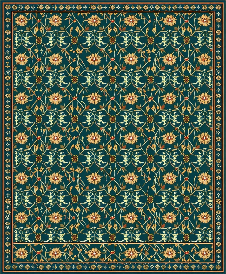 Teal Floral Art Nouveau Repeating Pattern Rug