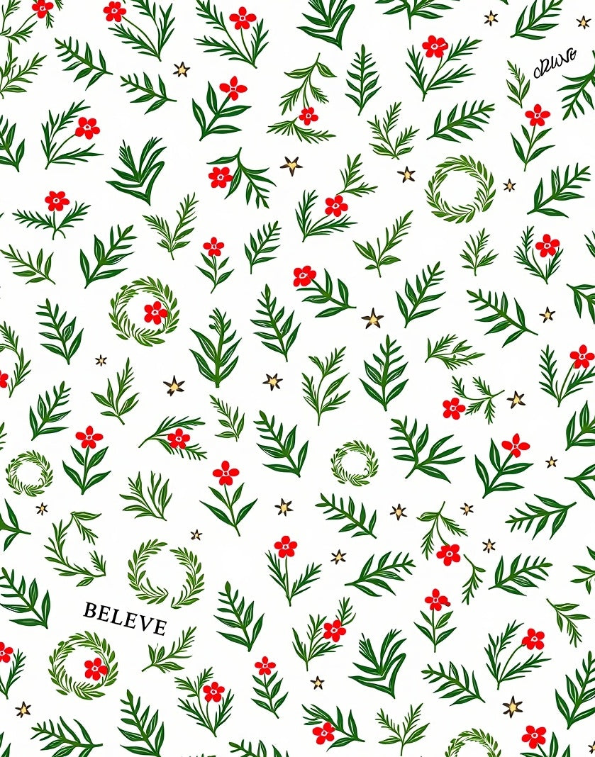 Whimsical Red Floral Green Leaf Garland Rug