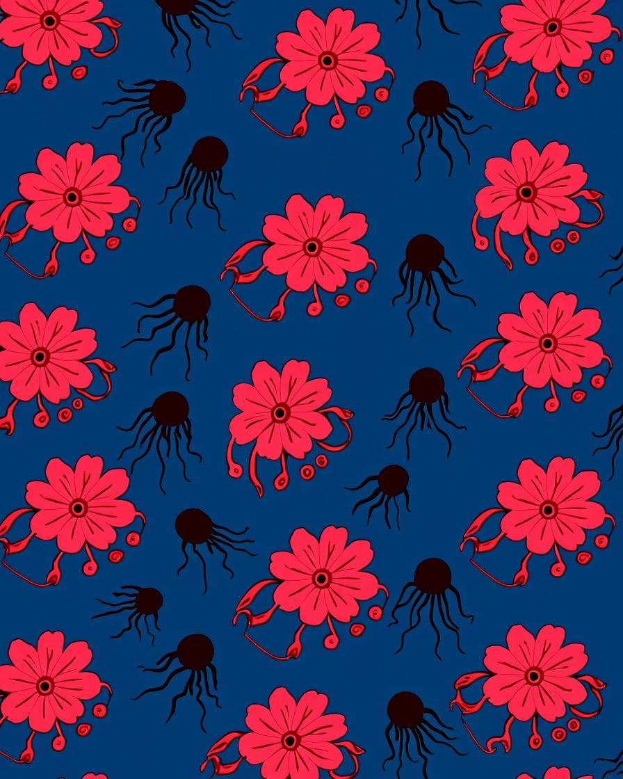 Red Floral Tentacle Pattern Rug