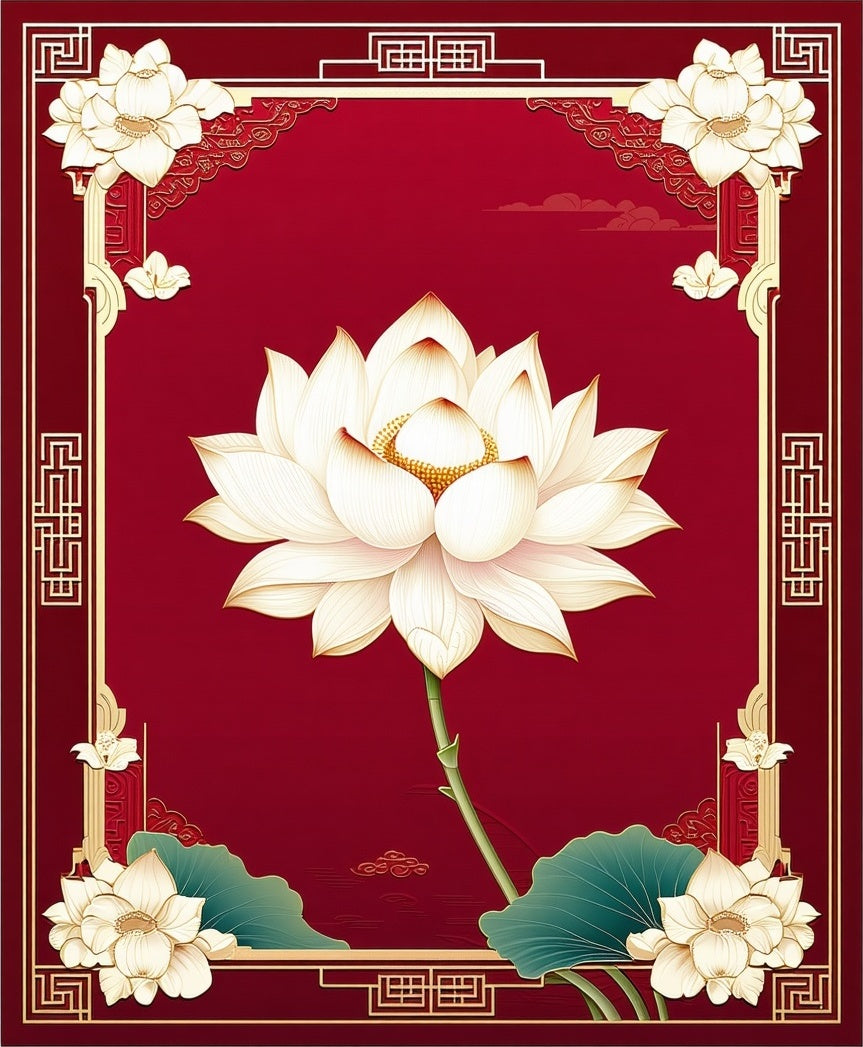 Elegant White Lotus Red Border Design Rug