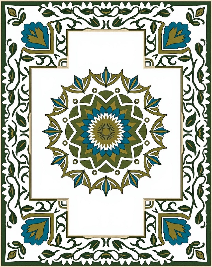 Green Blue Floral Medallion Border Rug